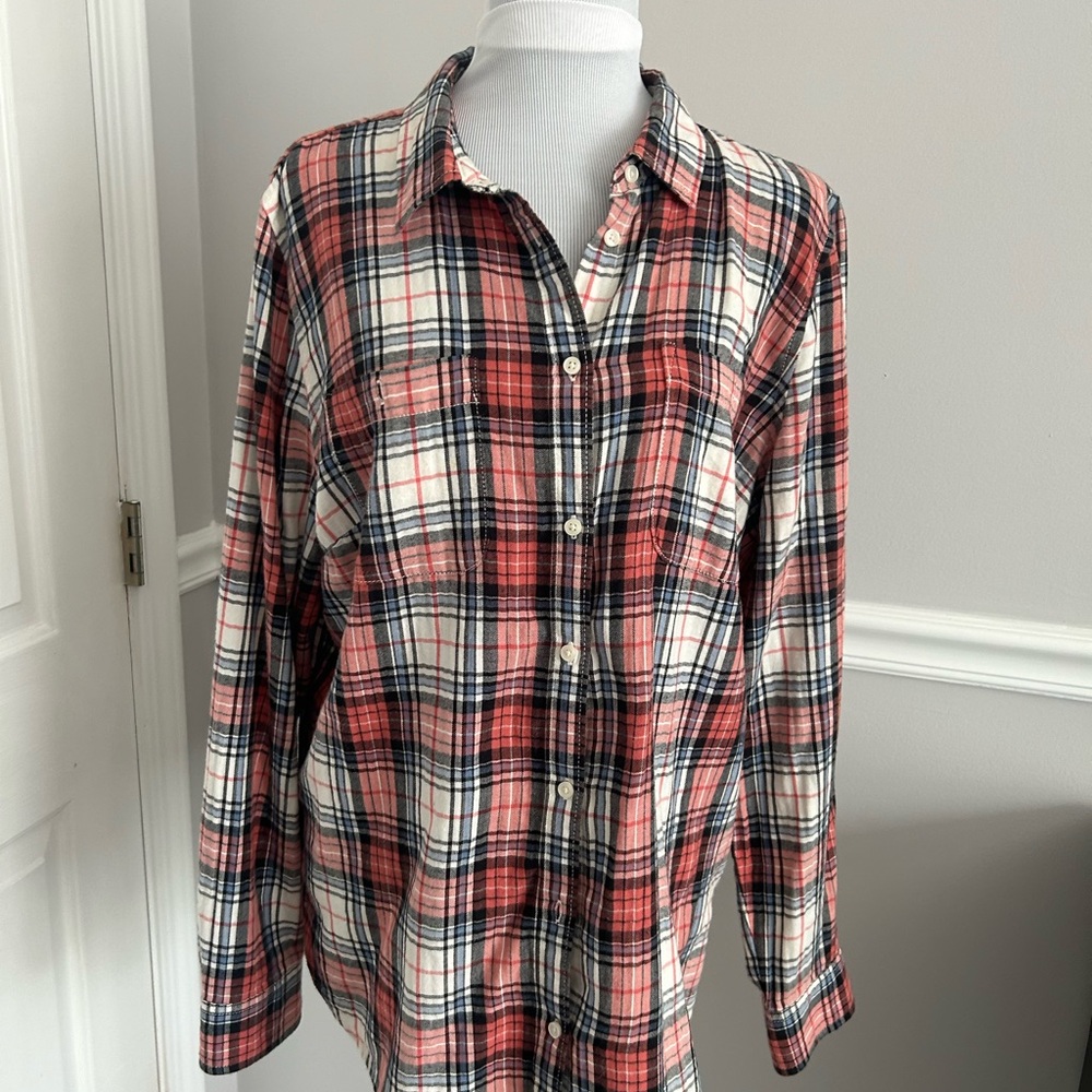 Pink and White Plaid Button-Up Shirt